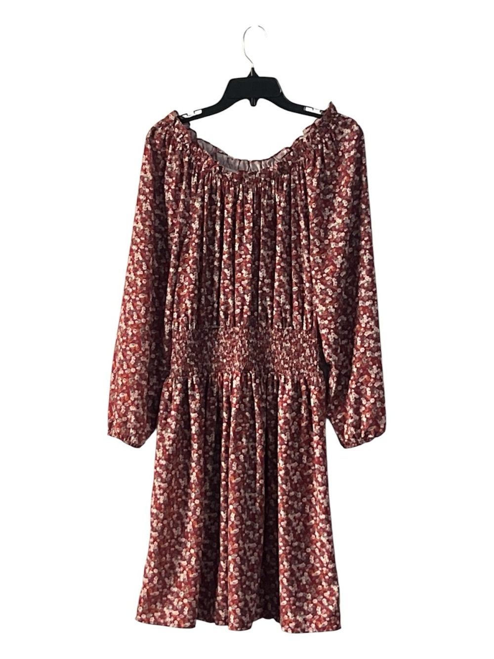 Beyond the Radar Rust Floral‎ Smocked-Waist Long Sleeve Dress, Size L